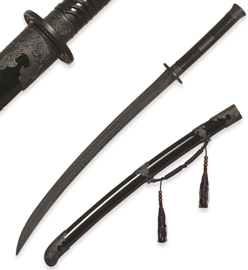Sword fort 39" سيف كاتانا للتدريب من البولي بروبيلين، أسود مزين بنمط التنين من أسلوب سلالة تانغ الصينية مع غمد وخرز - Image 1